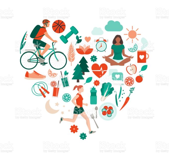 Healthy lifestyle and self-care concept with food, sports and nature icons arranged in a heart shape